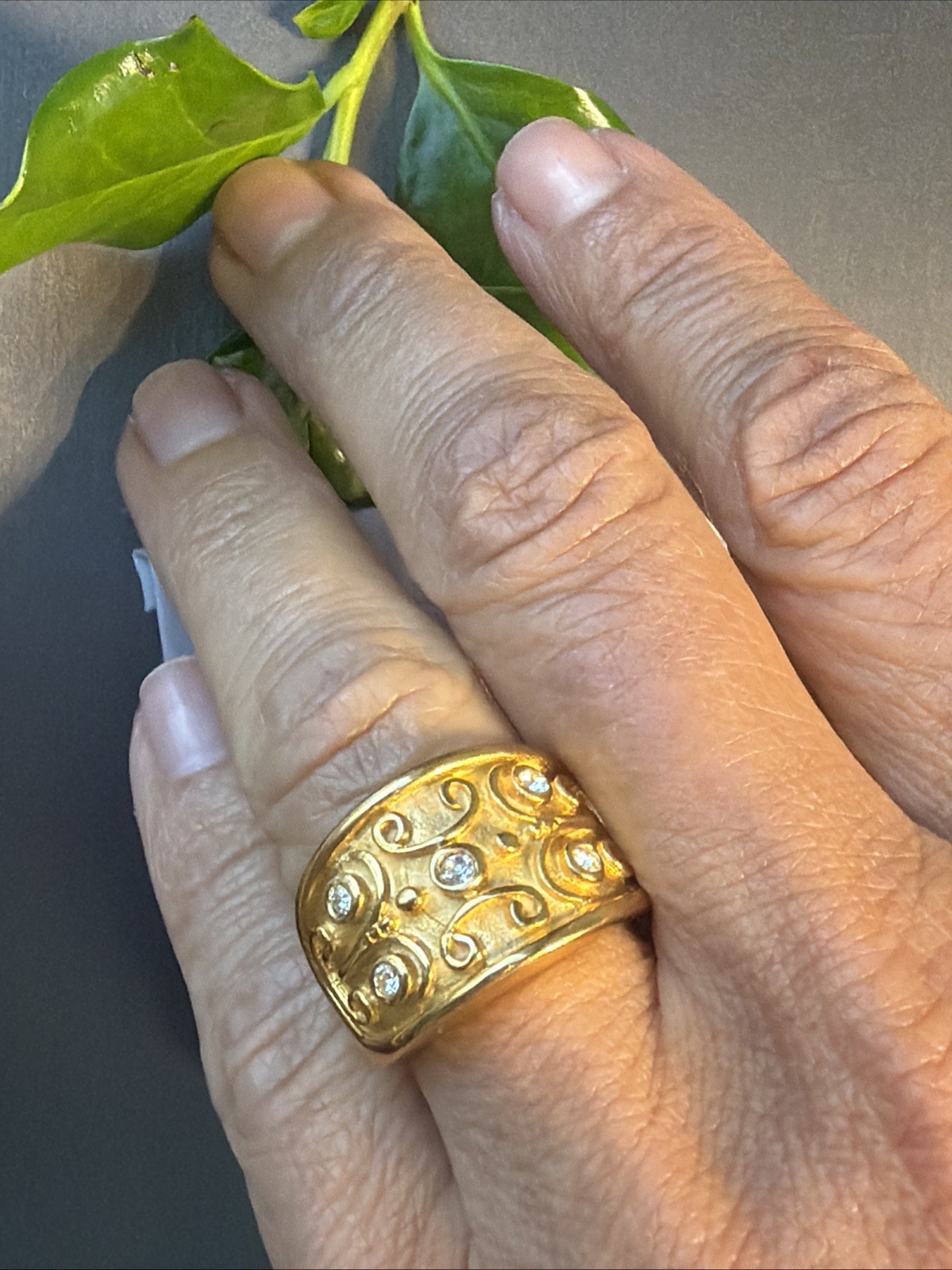 Vintage Gold Plated Wide Band Ring Sz 7 Scrolls Etruscan Revival Estate USA Made