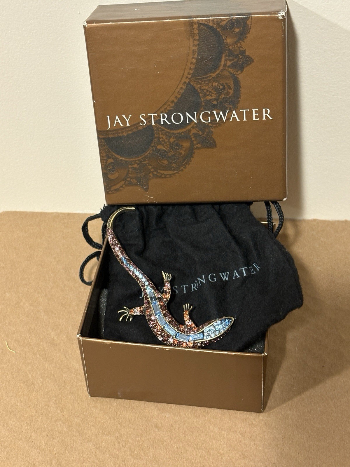 Jay Strongwater Lizard Salamander Pink Green Rhinestones Brooch Pin Retired Box