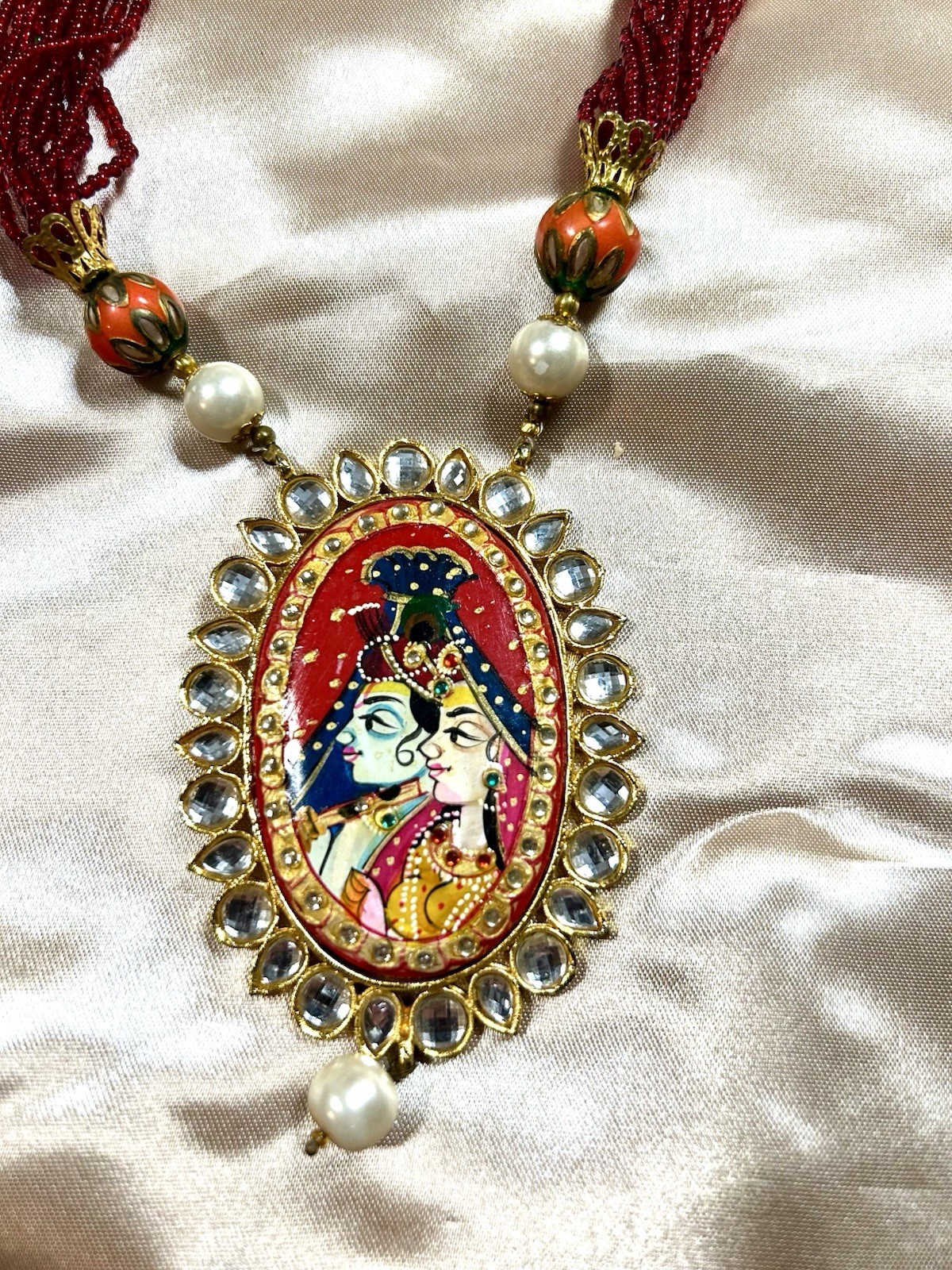 Radha Krishna Hand-Painted Enamel Pendant Necklace | Boho Indian Art