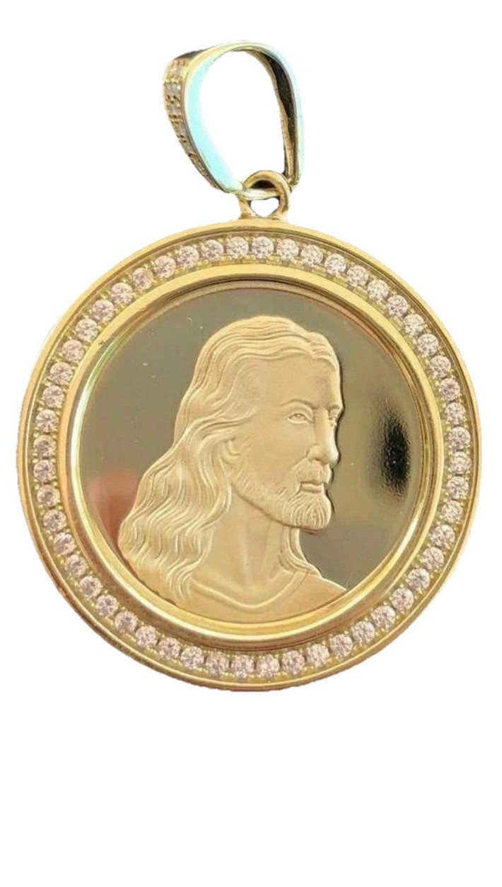 925 Silver 14k Gold Plated Jesus Last Supper Reversible Medal Pendant CZ