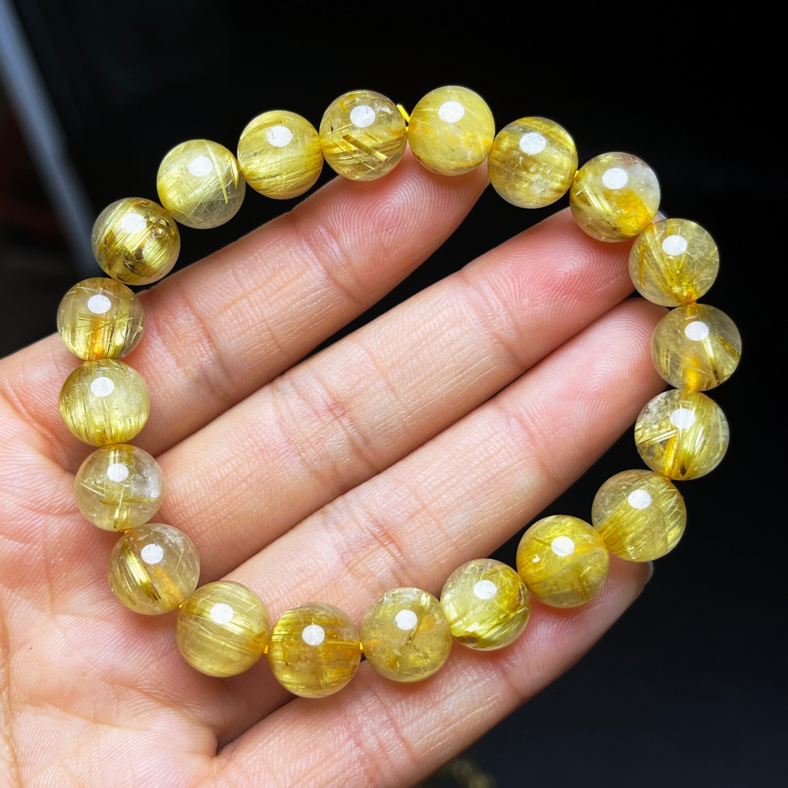 9.7mm Natural Gold Rutilated Quartz Stretch Crystal Beads Bracelet AAAA B27