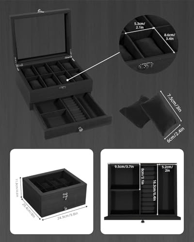 8-Slot Watch Box, 2-Layers Solid Wood Watch Display Case 2-layer 8 Slots Black