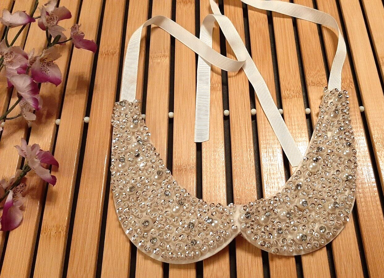 WHITE & SILVER BOW KNOT FAUX PEARL, SEQUIN RHINESTONE COLLAR, BIB NECKLACE