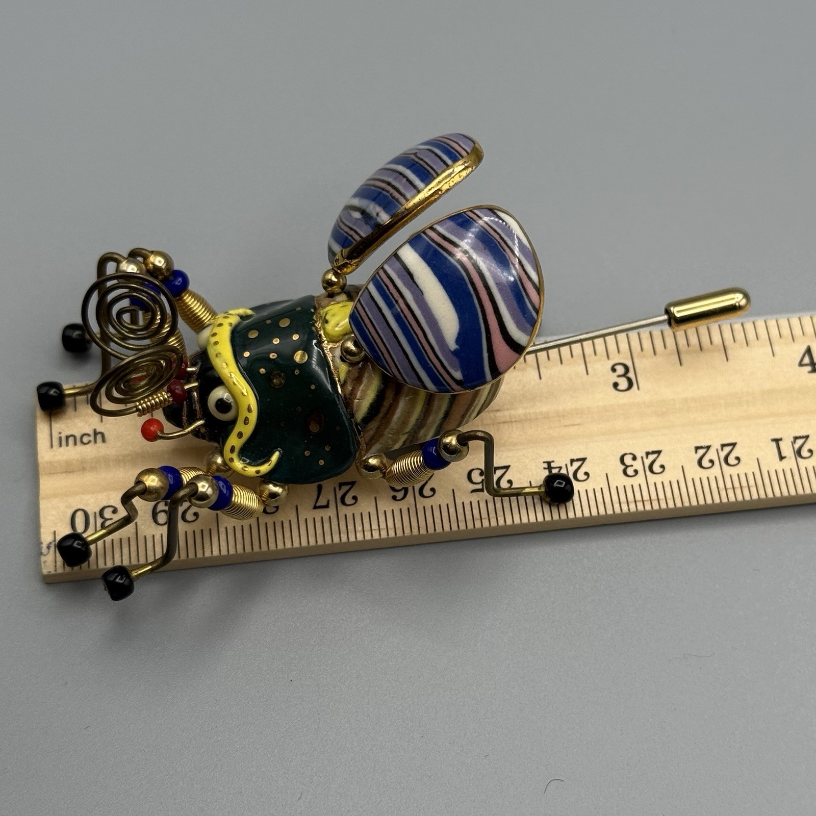 Cynthia Chuang Jewelry 10 Bee Beetle Pin 3″ Porcelain Glass Metal Whimsy Unique