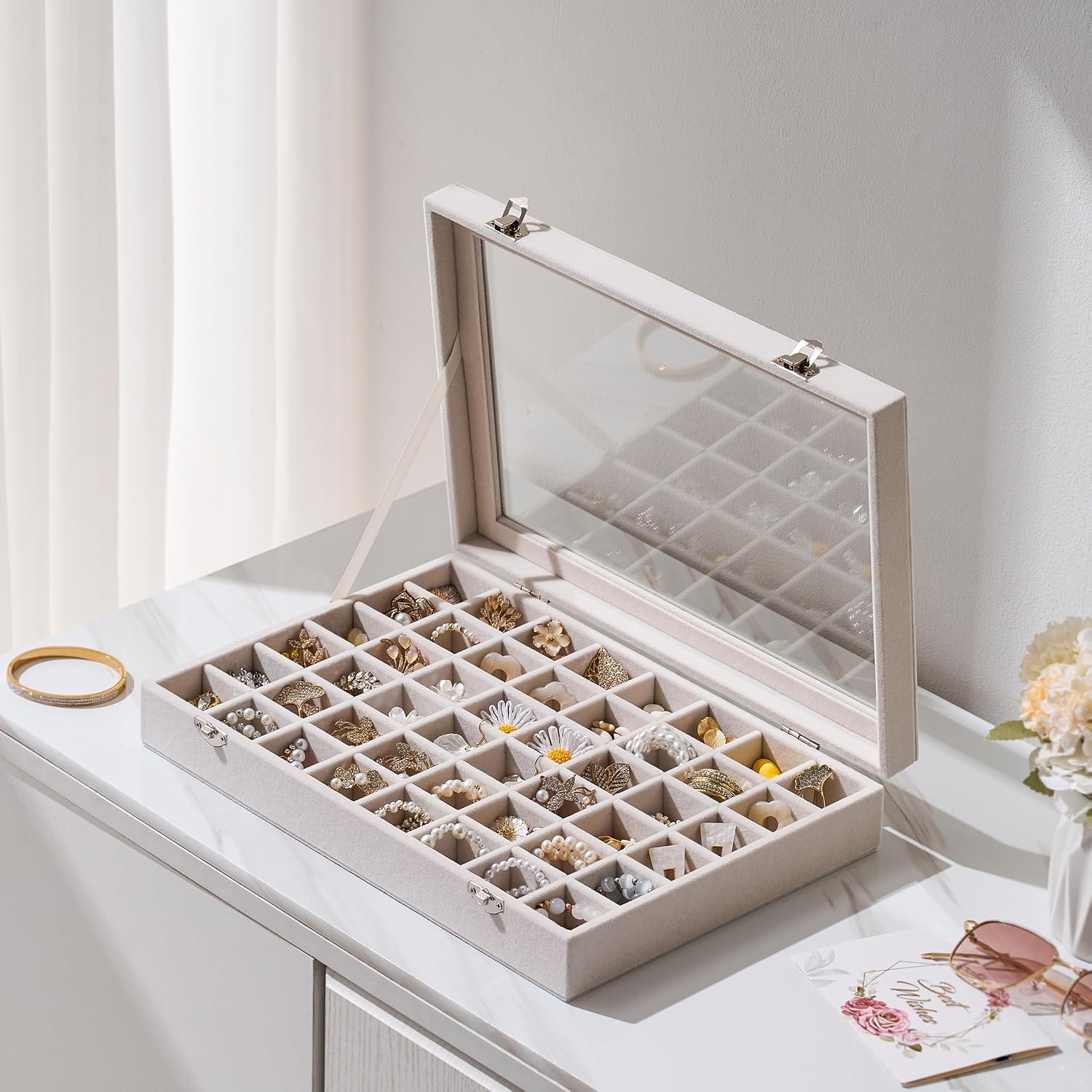 48 Grid Velvet Earring Organizer Tray with Lid, Jewelry Storage for Vanity