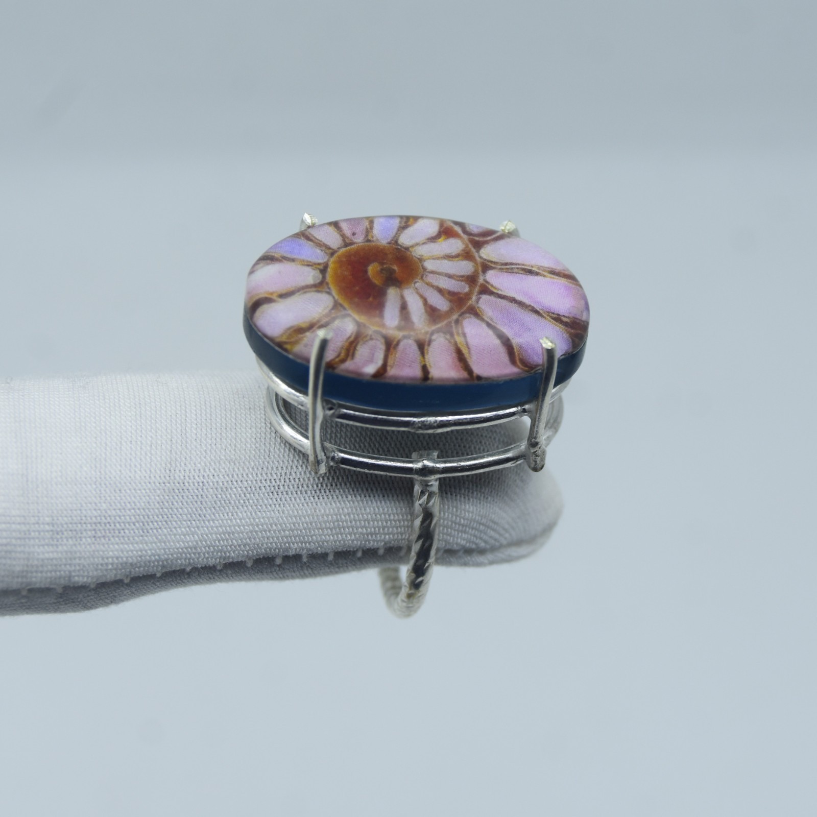 Pink Ammonite Fossil Gemstone Ring Handmade 925 Sterling Silver Jewelry
