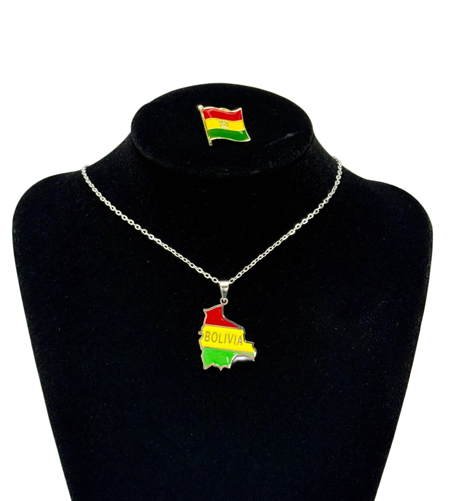 Bolivia Map Pendant Necklace & Flag Pin Set Red Yellow Green Gift Souvenir