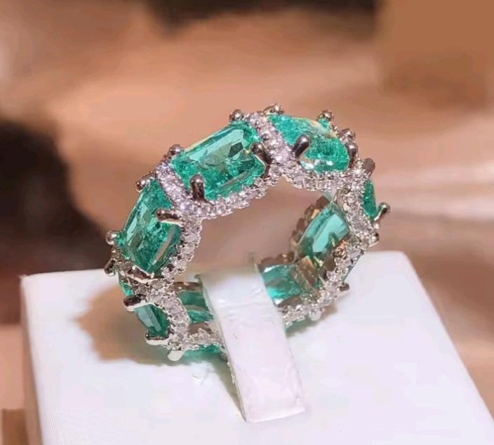 Blue Green Rectangle Moissanite Style Ring Adjustable Statement Party Gift