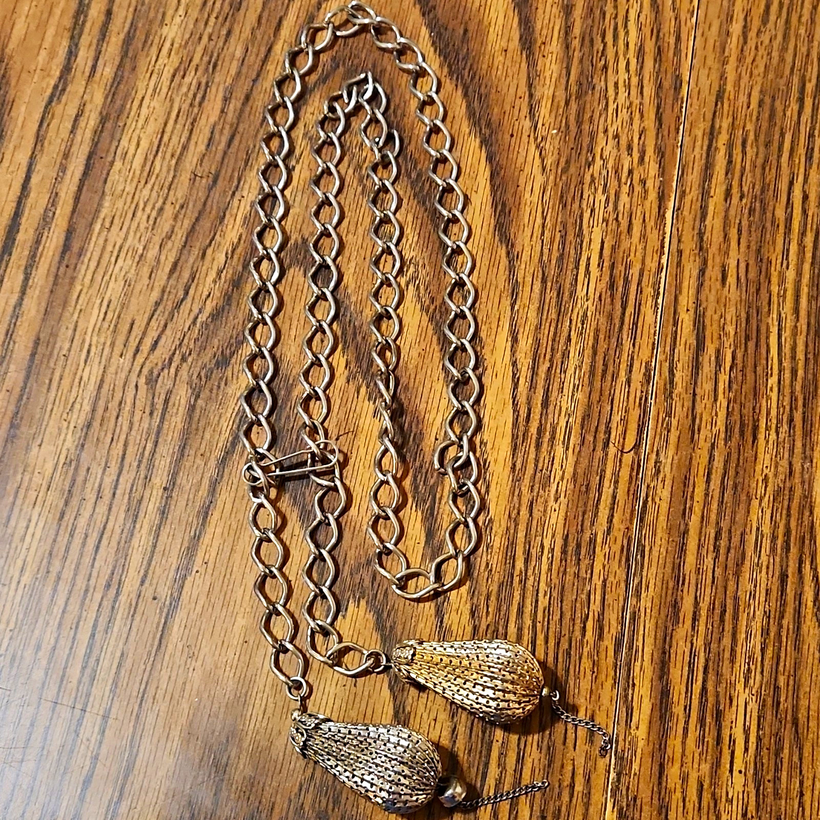 1990’s Gold & Silver Oval Link Chain Necklace w/ Teardrop Mesh Tassel Pendants