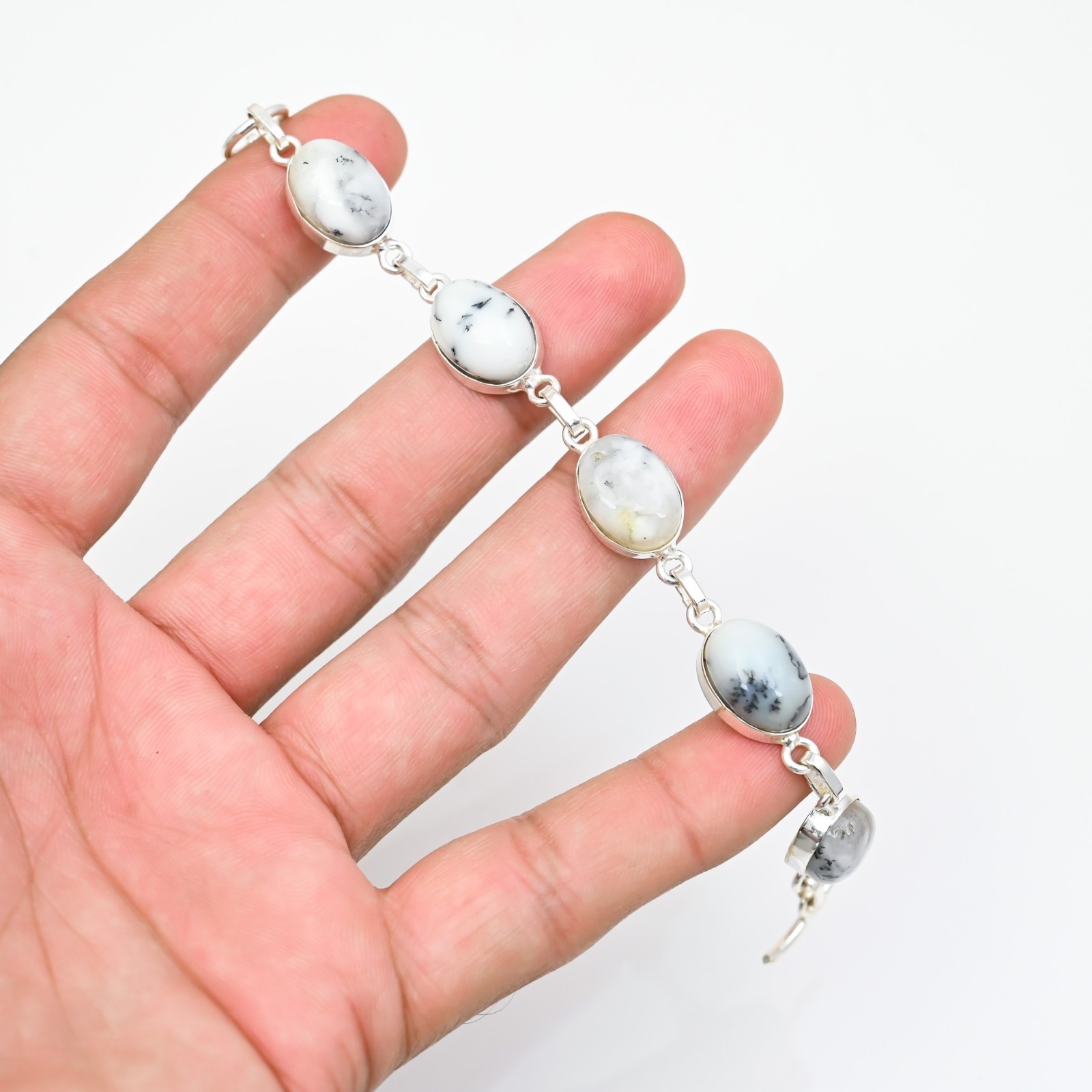 Dendrite Opal Gemstone 925 Sterling Silver Handmade Bracelet Jewelry Gift For