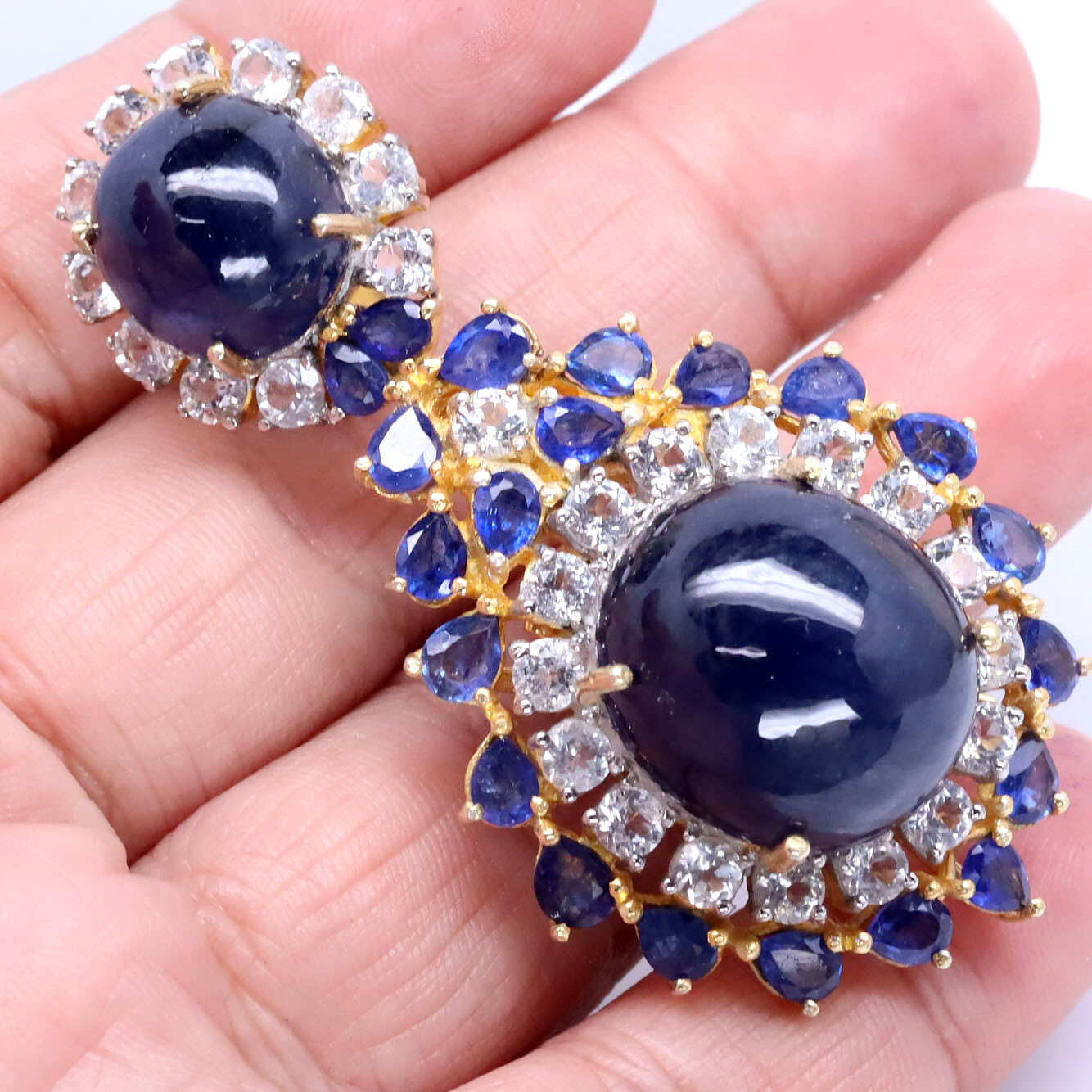 925 Sterling Silver Blue Sapphire & White Zircon Two Tone Brooch/Pendant