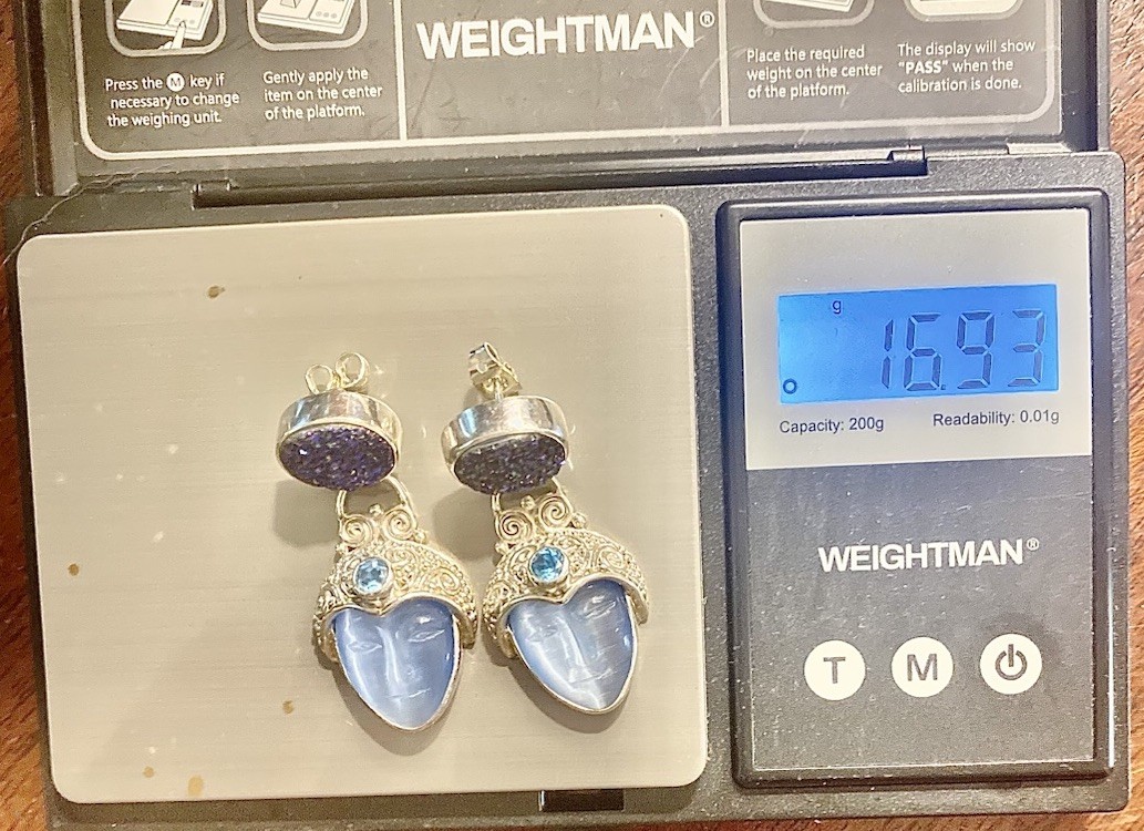 Vintage Sajen 925 Sterling Silver Carved Goddess Face Druzy, Topaz Earrings