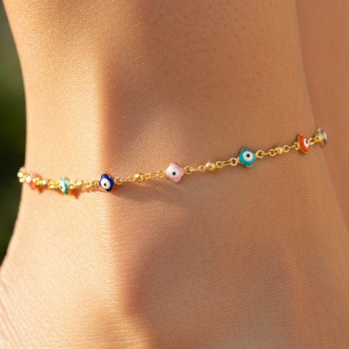 Dainty Gold Plated Anklet Multi-Color Evil Eye Charm Bead Chain Design For Women