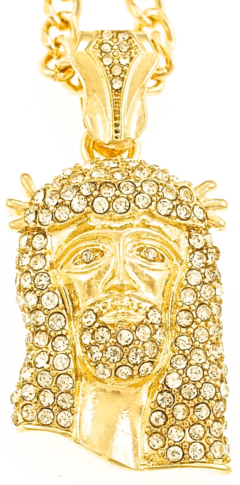 Jesus Necklace Pendant with Rhinestones on 24 Inch Long 4mm Wide Cuban Chain