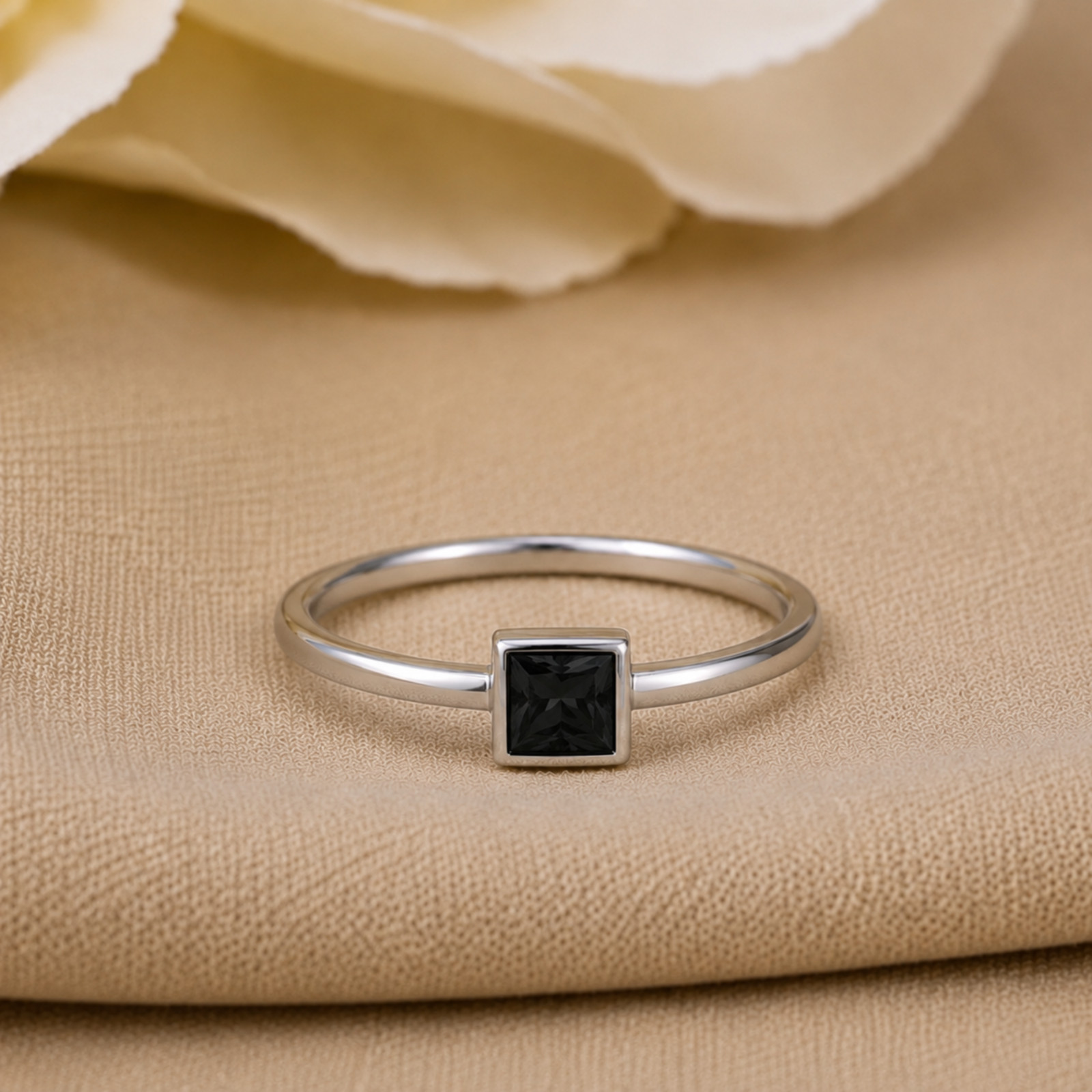 Black Gemstone Ring 925 Sterling Silver Square Cut Minimalist Women’s Jewelry