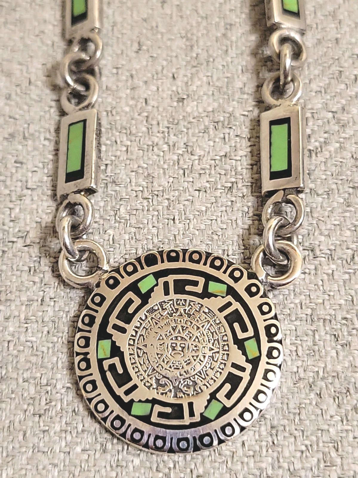 VTG 925 Sterling Silver Mexico Mayan Aztec Turquoise 20” Necklace 52.6 Grams