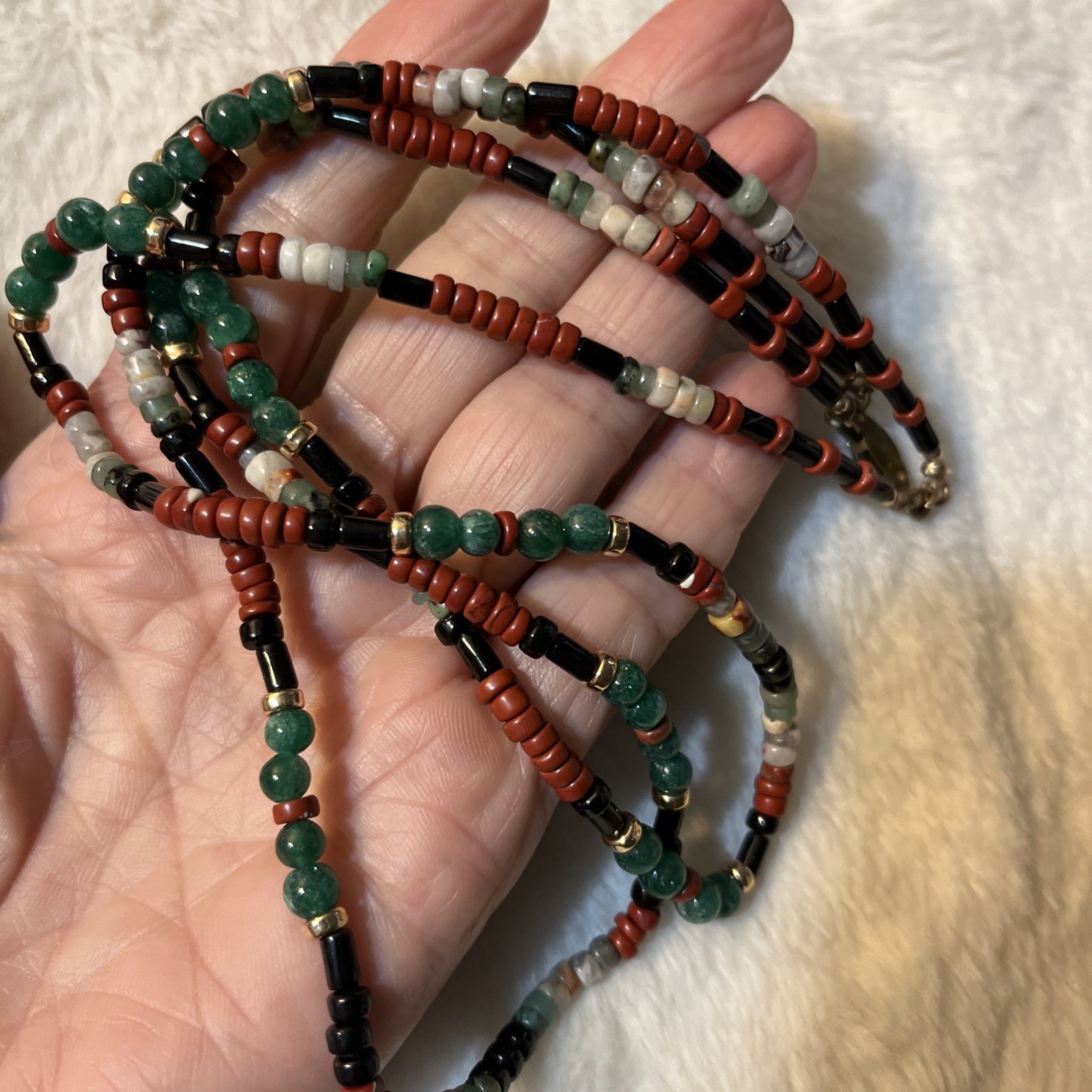 Jade & Other Semi Precious Bead Double Strand Necklace Vintage 18”