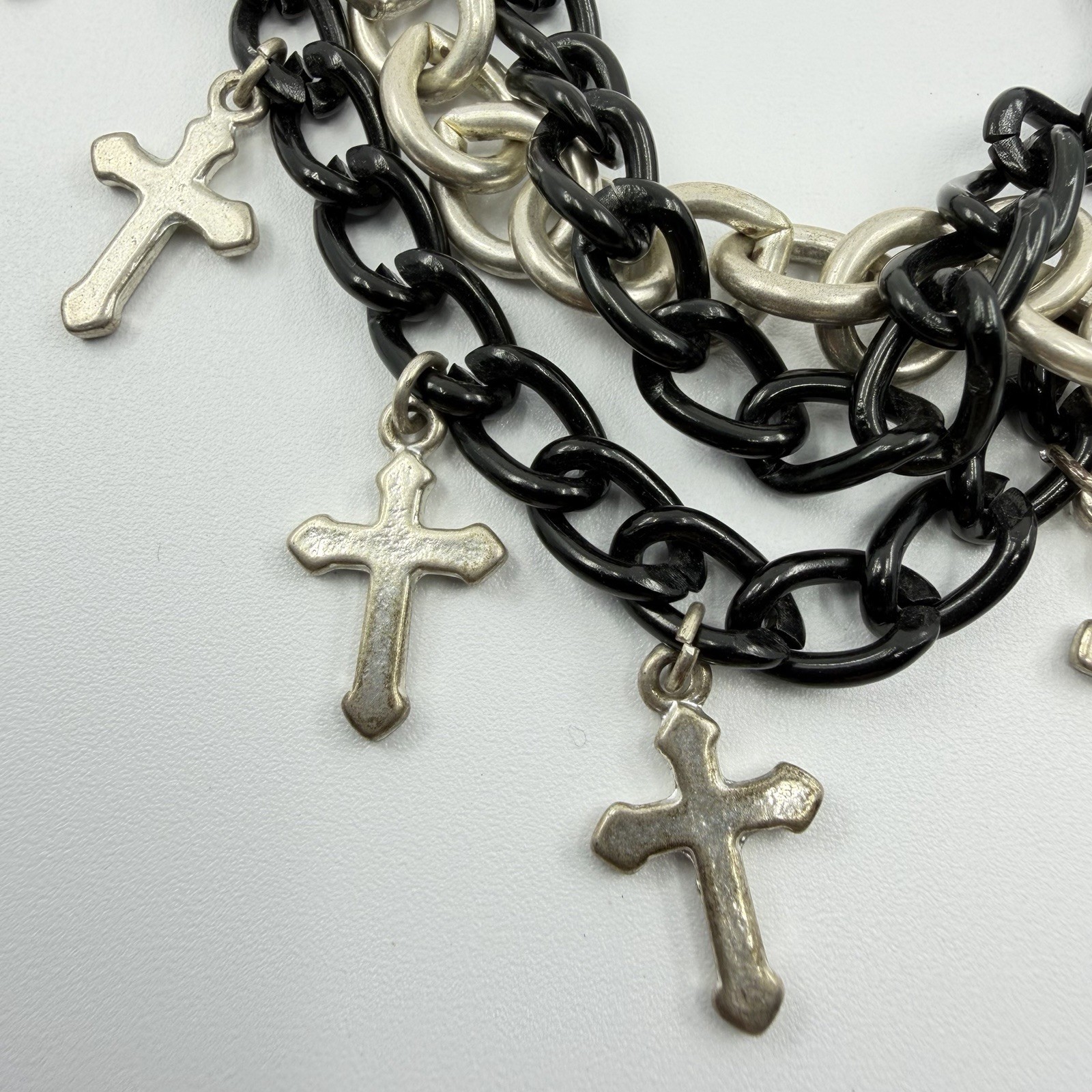 Layered Chainmail Cross Goth Choker Necklace Y2K 15” Black Silver Tone