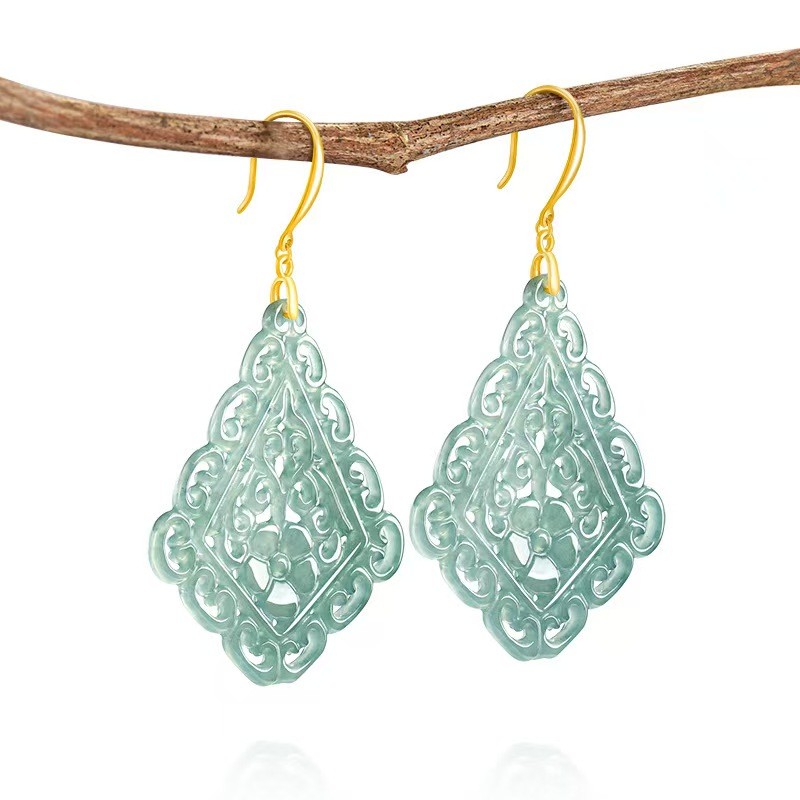 Pure S925 Sterling Silver Blue Jade Jadeite Auspicious Square Dangle Earrings