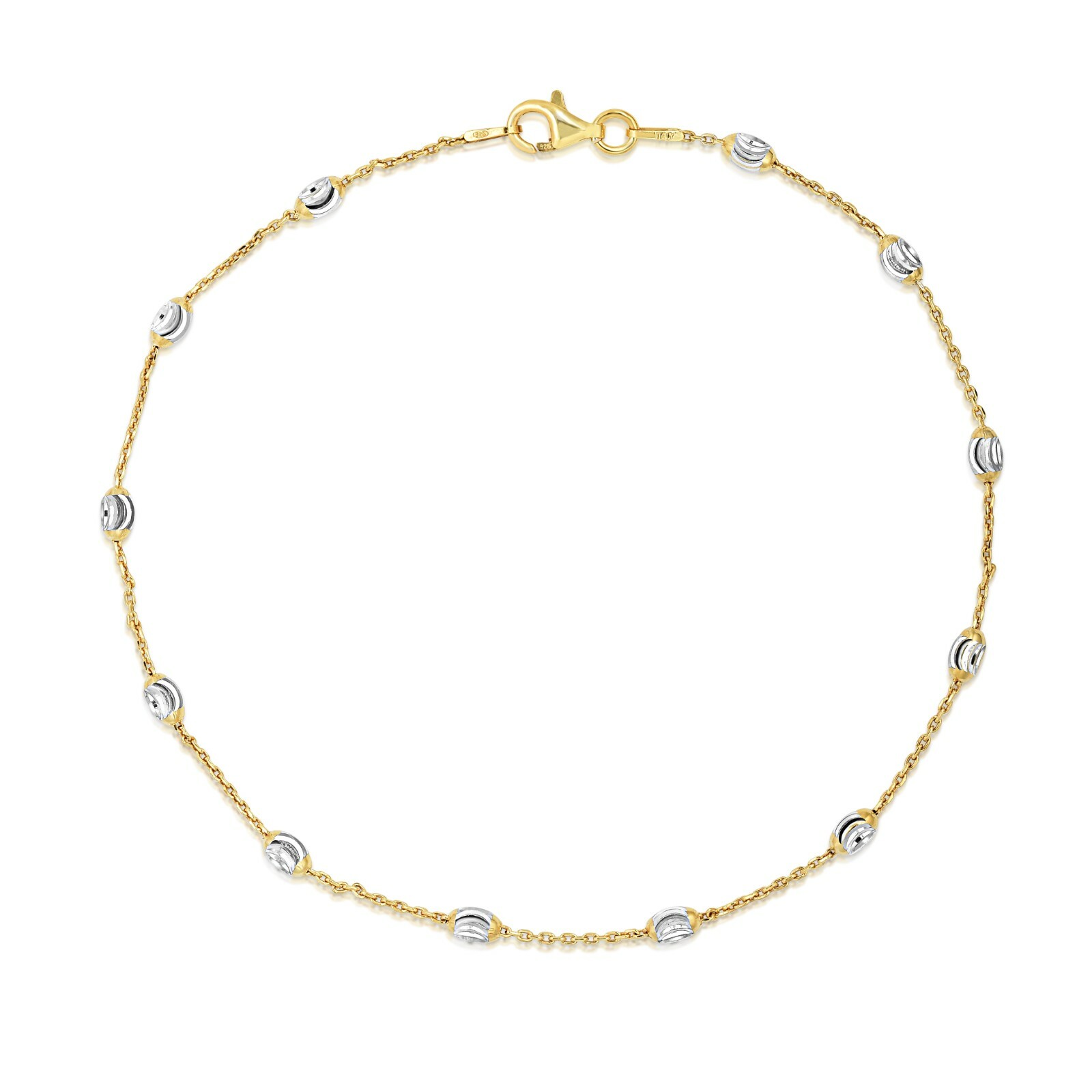 Italian 925 Sterling Silver Gold Diamond Cut Station Oval Moon Anklet 9″ and 10″