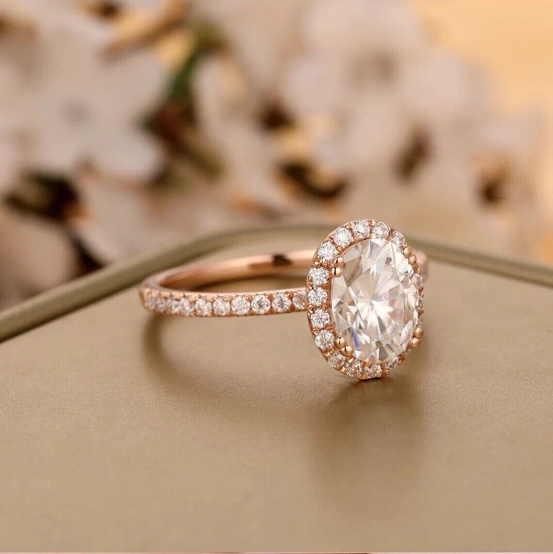 2 Ct Oval Simulated Diamond Women’s Halo Engagement Ring 14K Rose Gold Plated