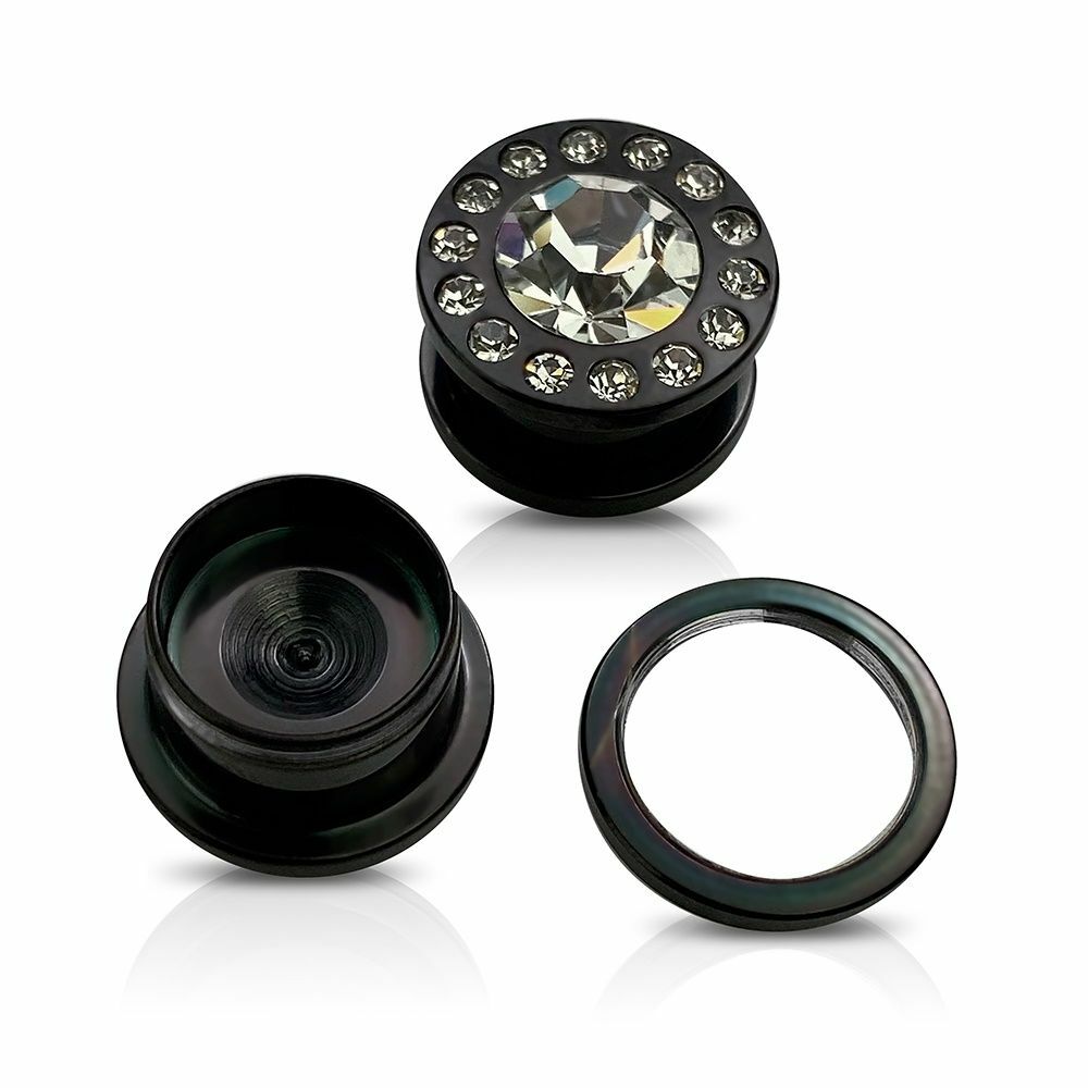 CZ Centered Black Surgical Steel Screw Fit Plugs- Sold as a Pair