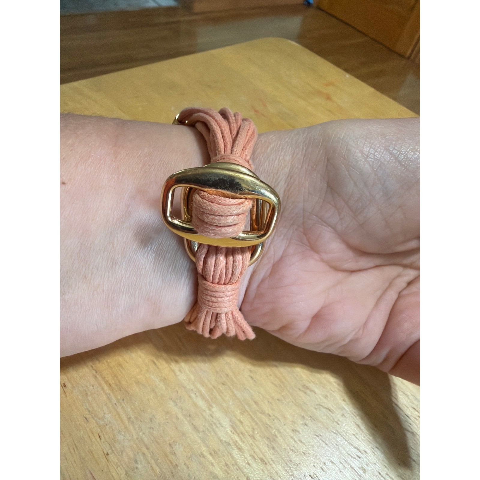 Multi Strand Peach Cord and Gold Tone Metallic Tube Wrap Bracelet Statement