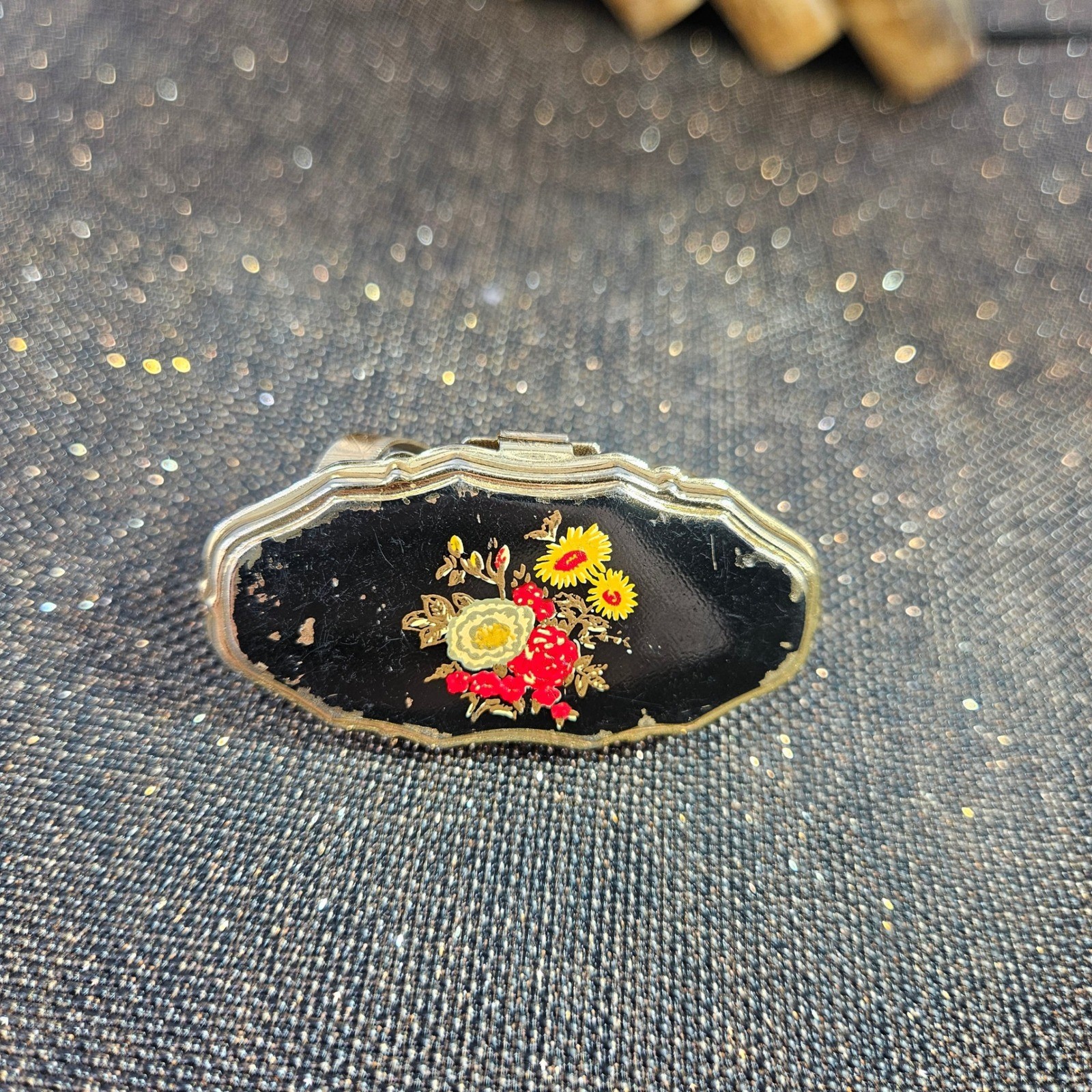 Vintage Lipstick Holder Flip Compact Mirror Handpainted Floral Gold Tone Black