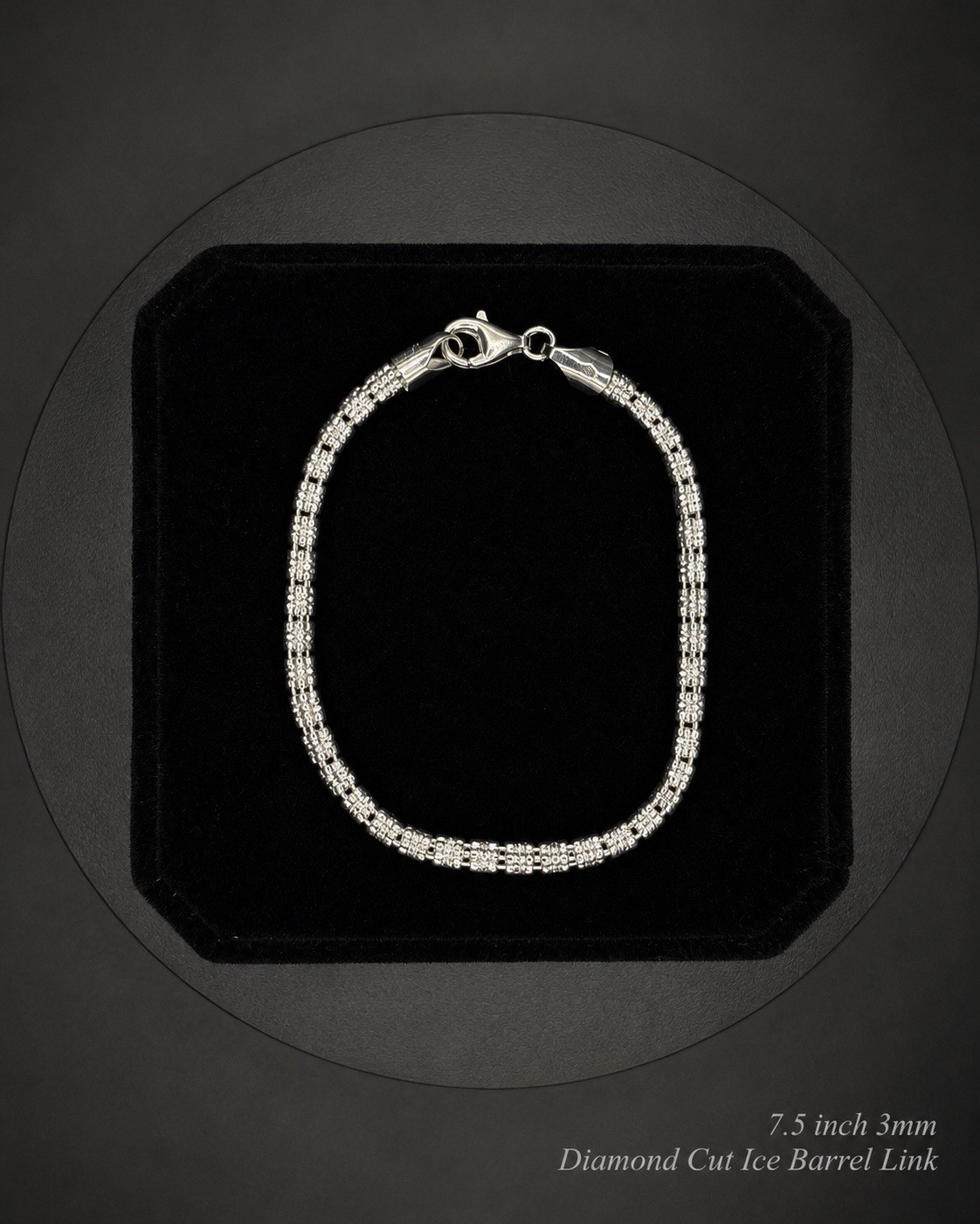 Silver Bar Link Chain Bracelet 7.5” Lobster Clasp Diamond Cut Ice Barrel