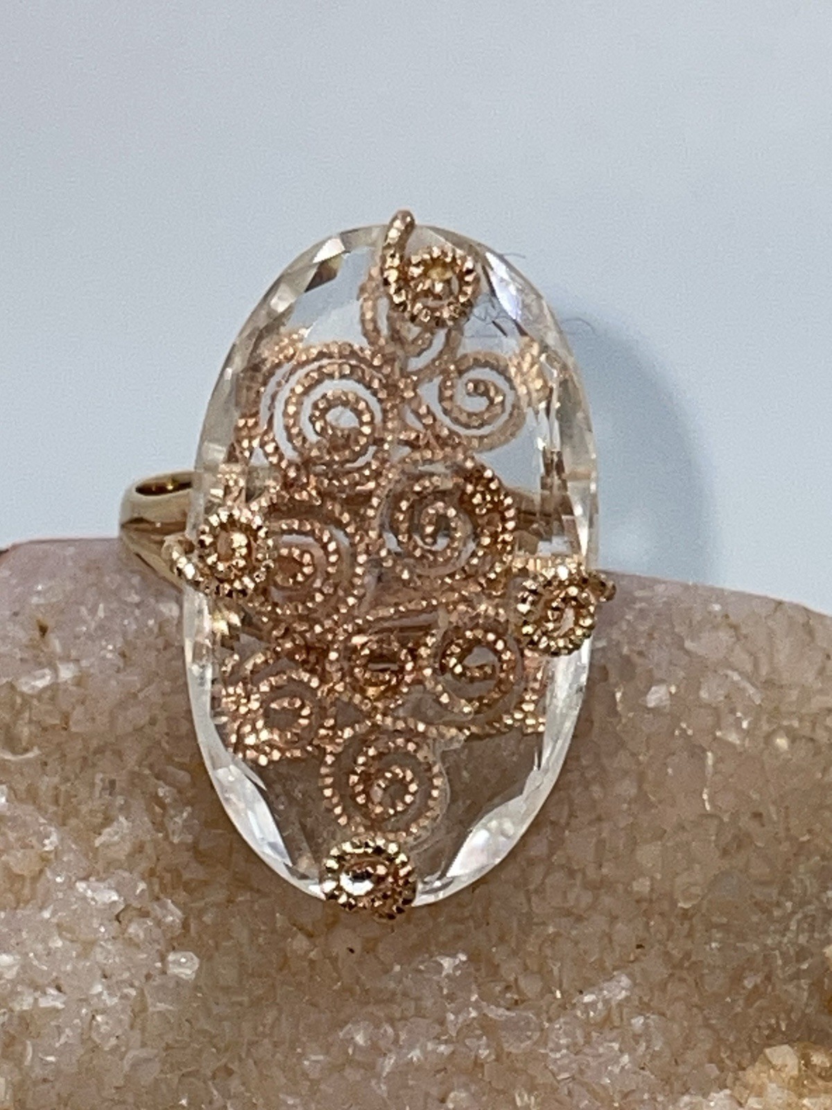 14KT 14K Rose Gold Caged Crystal Filigree RING Statement Italy Milor Size 10.25
