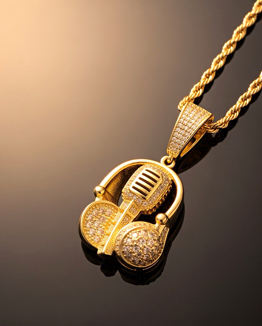 Iced Out Gold Microphone Headphones Pendant Necklace – 5A CZ / 24” Rope Chai