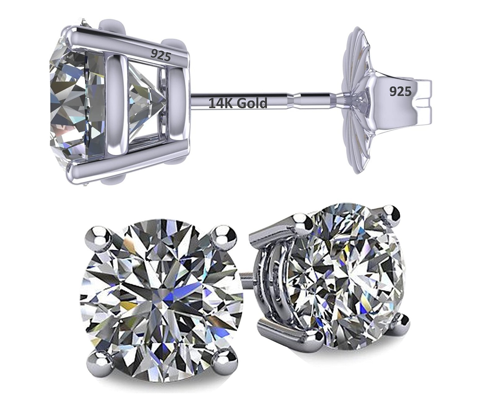 14K Gold Post & Sterling Silver 4 Prong Stud Earrings Pure Brilliance Zirconia