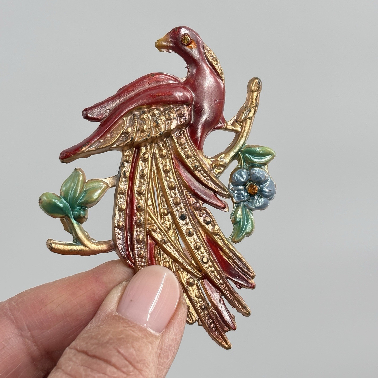 Vintage Pot Metal and Enamel Brooch Pin Exotic Bird Flowers Tropical Paradise