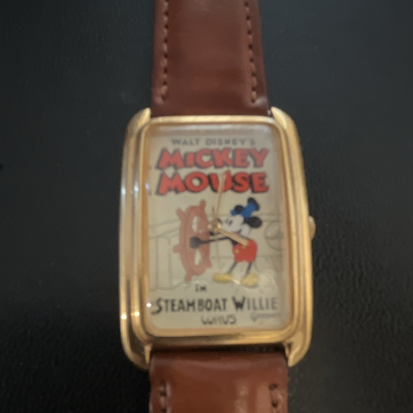 Lorus Mickey Mouse Steamboat Willie Rectangle Quartz Brown Leather