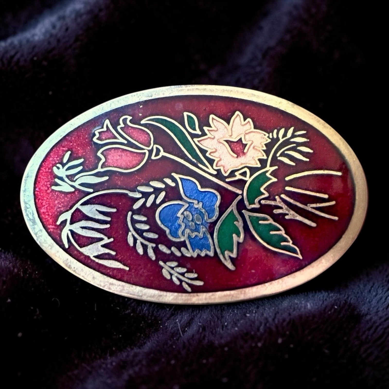 Cloisonne Brooch Enamel Floral Gold Tone Flower Pin Vintage 1970s