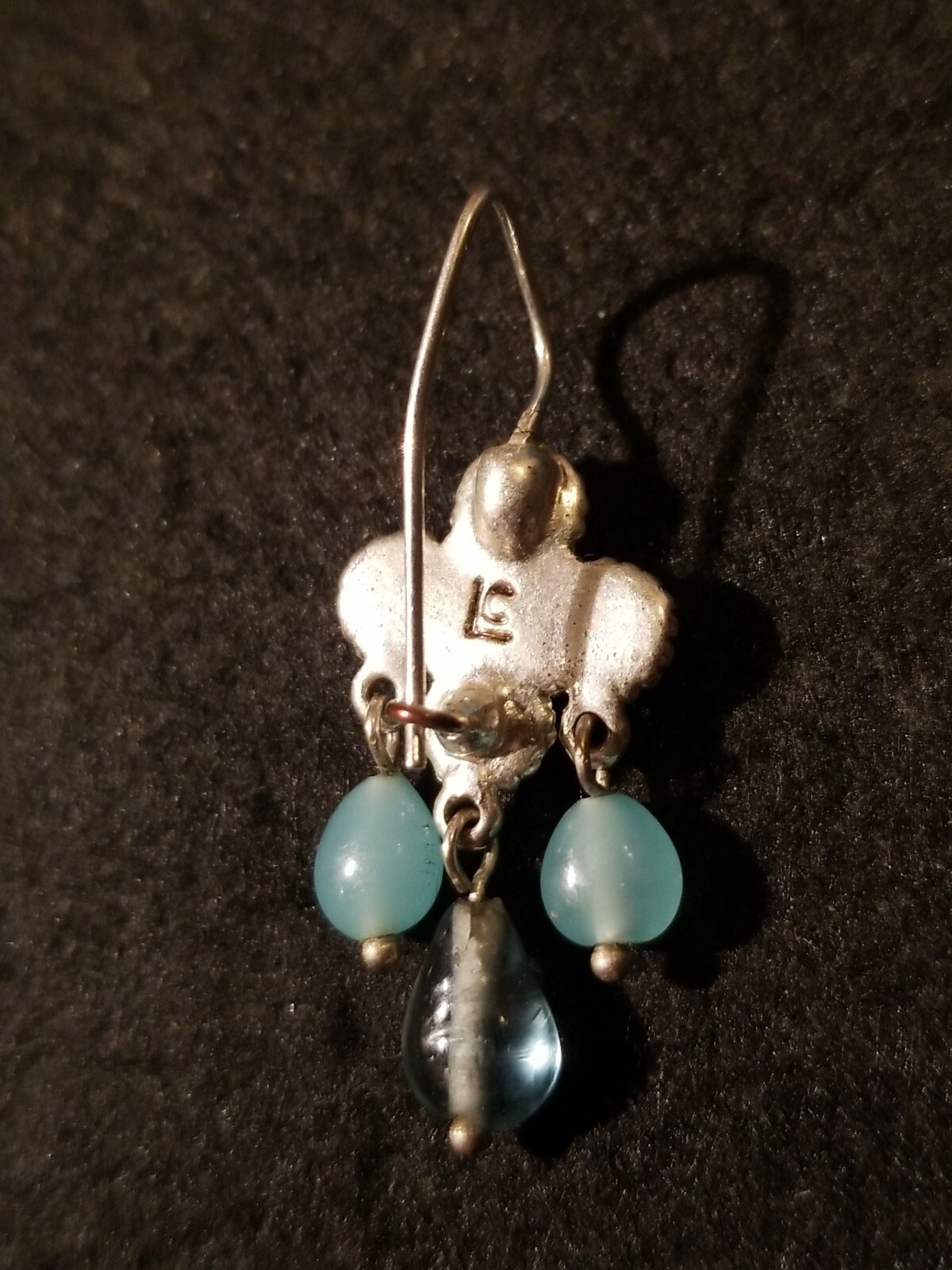 Blown Glass Necklace & Le Chateau Earrings Set Blue Swirl w/ Rose On Ribbon