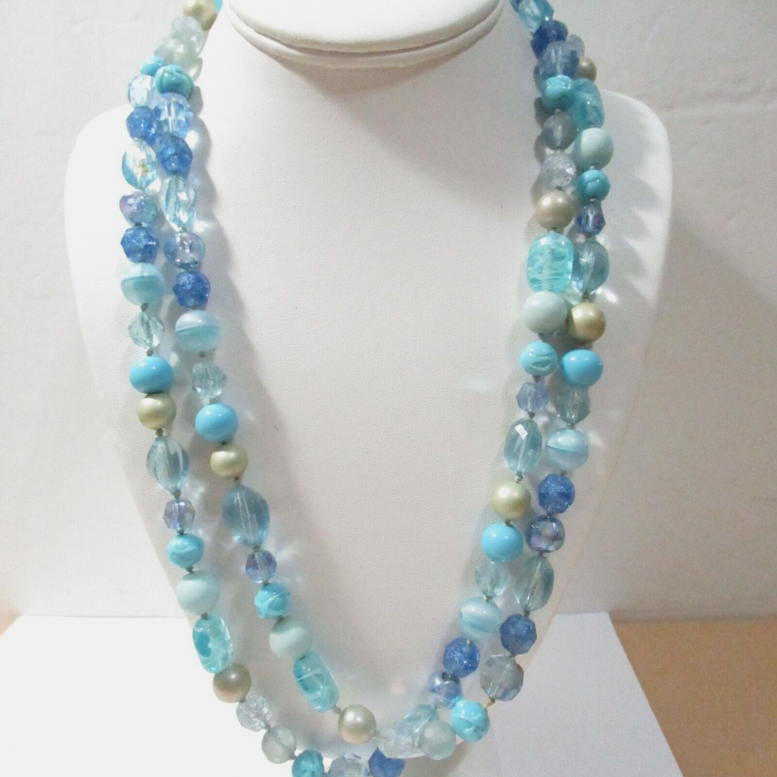 Long Blue Beige Glass Beaded Necklace Vintage Hand-Knotted