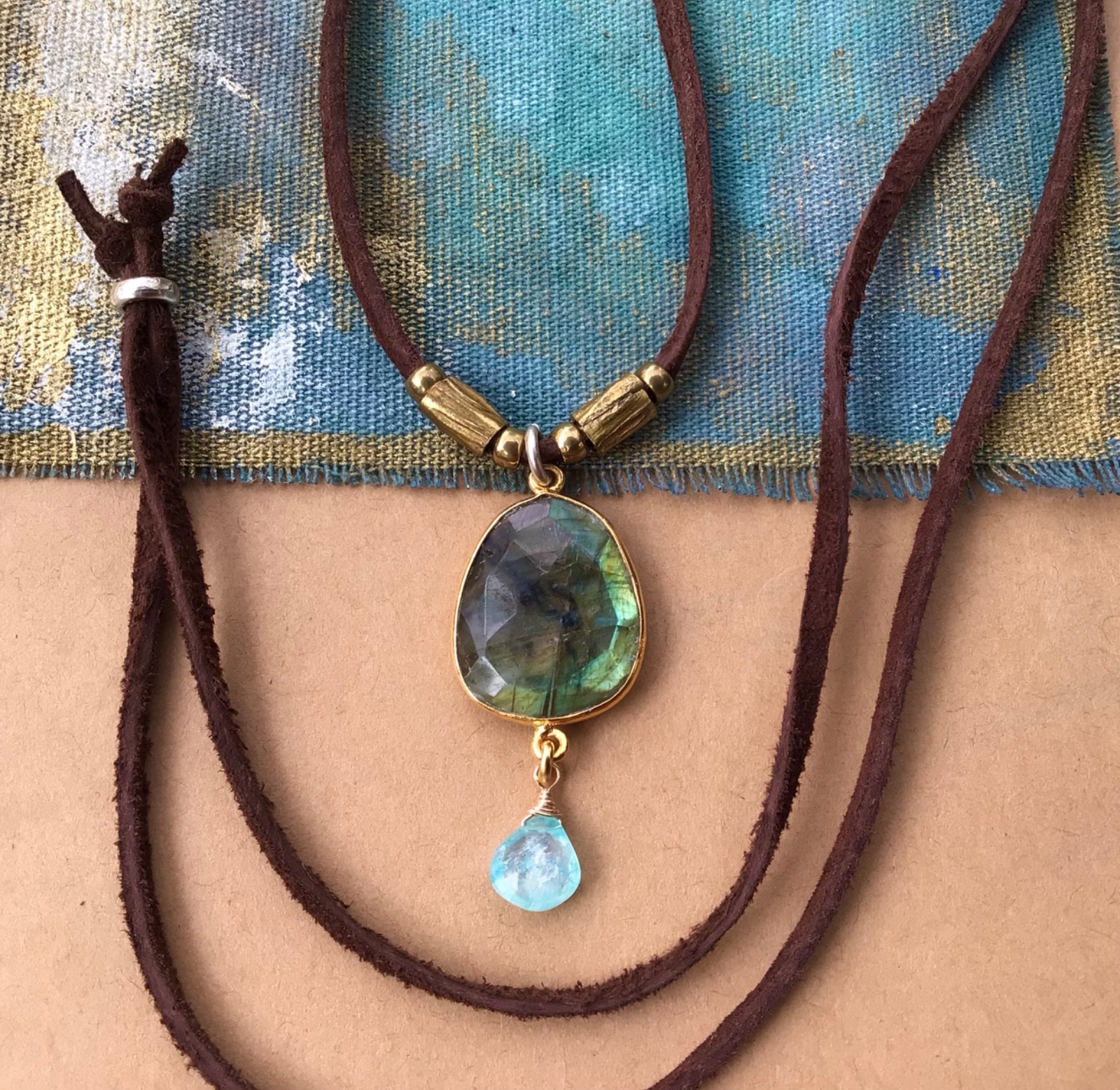 $270 Labradorite Aquamarine Sundance Charm Necklace leather suede cord jewelry