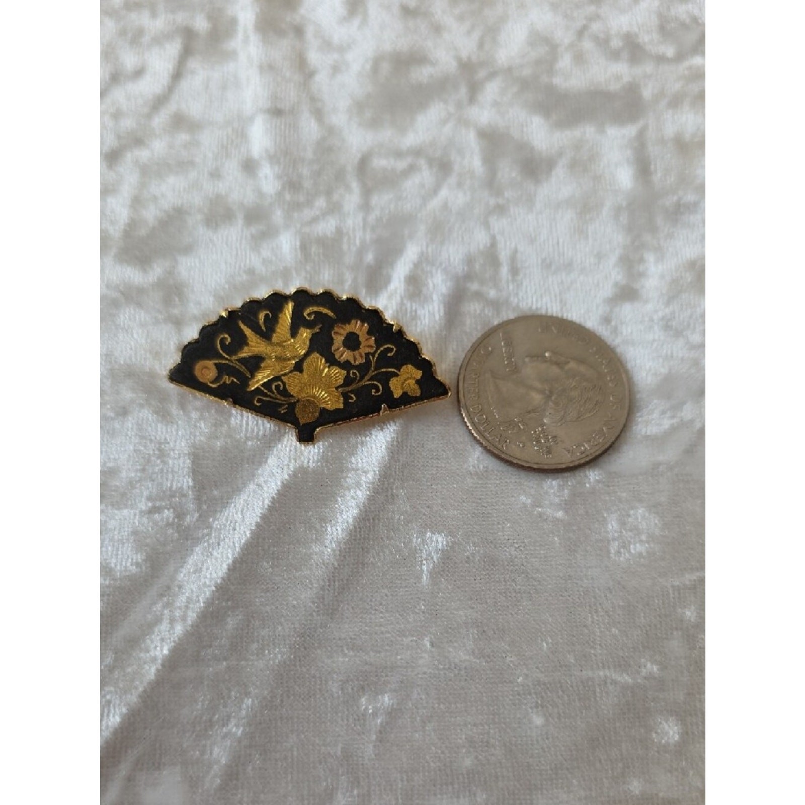 Gold and Black Damascene Fan-Shaped Floral Bird Brooch Circa 1940s-1970s