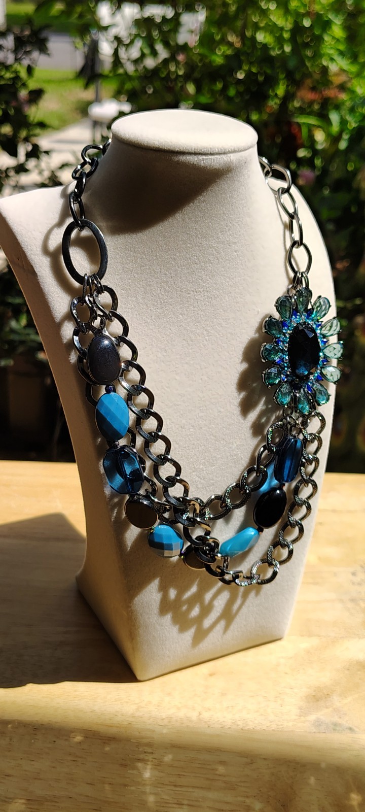Blue Gray Crystal Flower Statement Necklace Gunmetal Chain Layered Bib