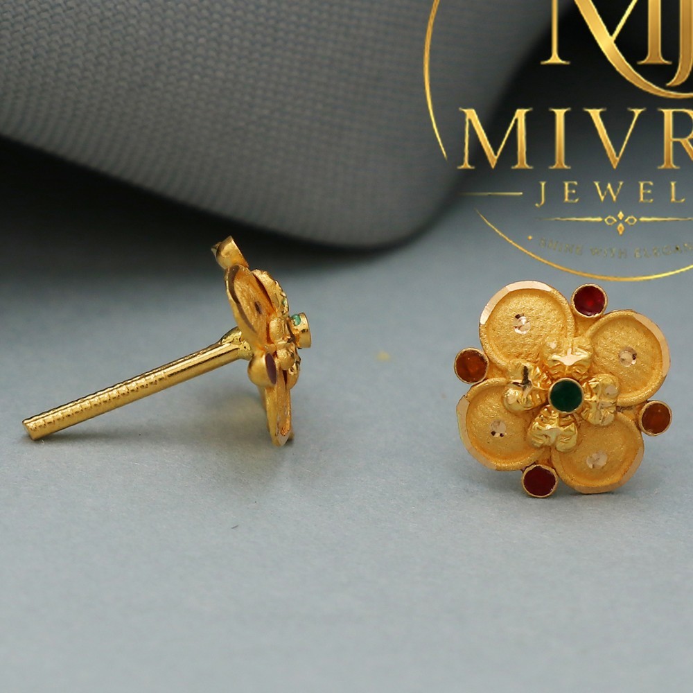 22K True Gold Ribbon Stud Earrings 1cm Hallmarked Lightweight Women’s Jewelry