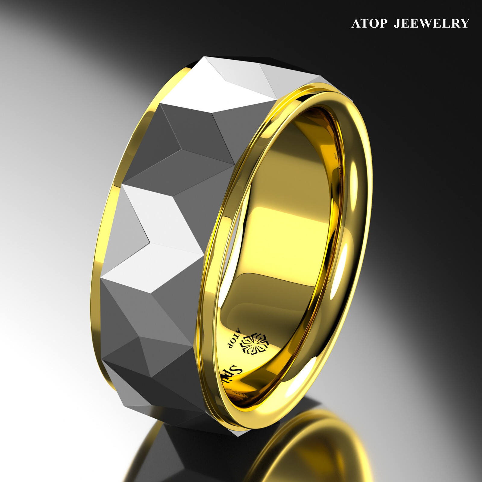 8mm Silver Rhombus Plated Metal Tungsten Ring Gold Wedding Band Men Jewelry