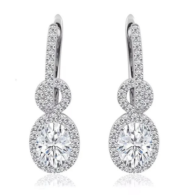 Oval Cut Simulated Diamond Drop/Dangle Clip On Earring In 14K White Gold Plated