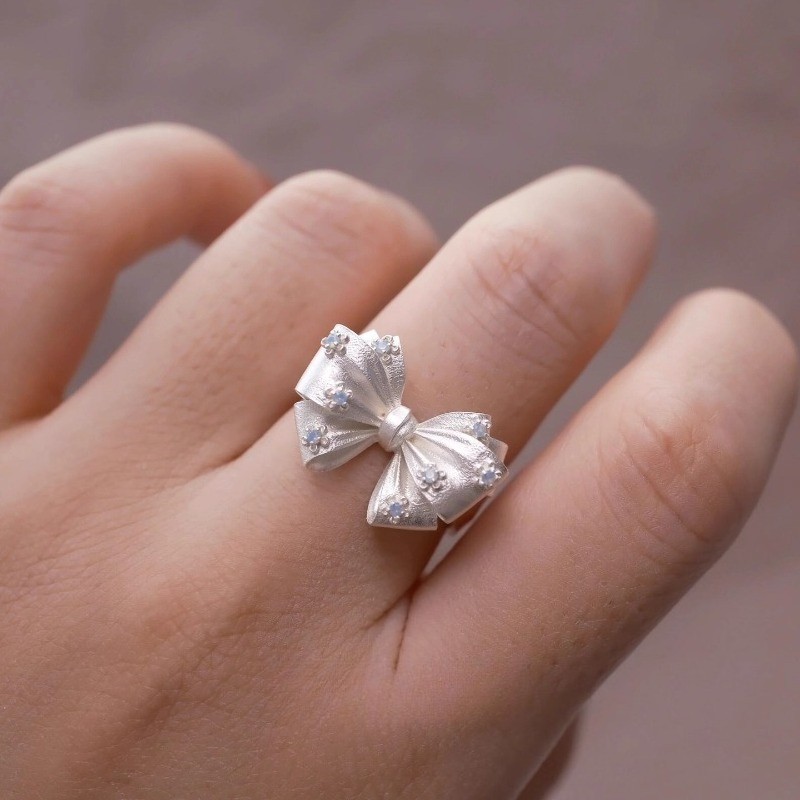 925 Sterling Silver Butterfly Bow Moon Star Zircon Adjustable Open Ring Women