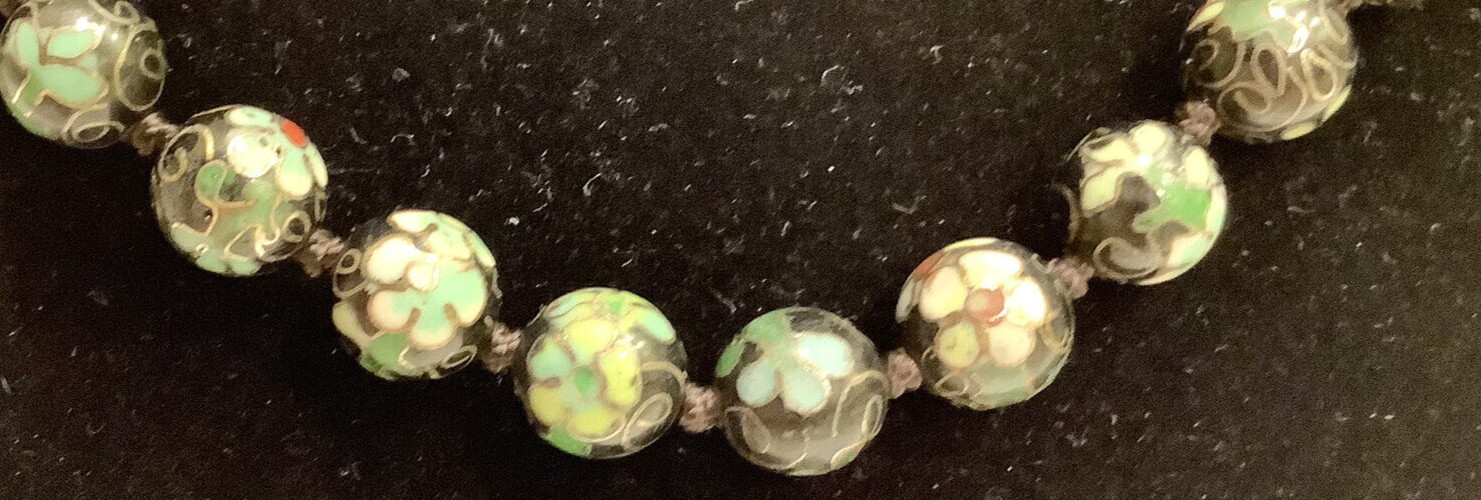 CLOISONNÉ Knotted Necklace Vintage Asian Beads 23” 1950’s