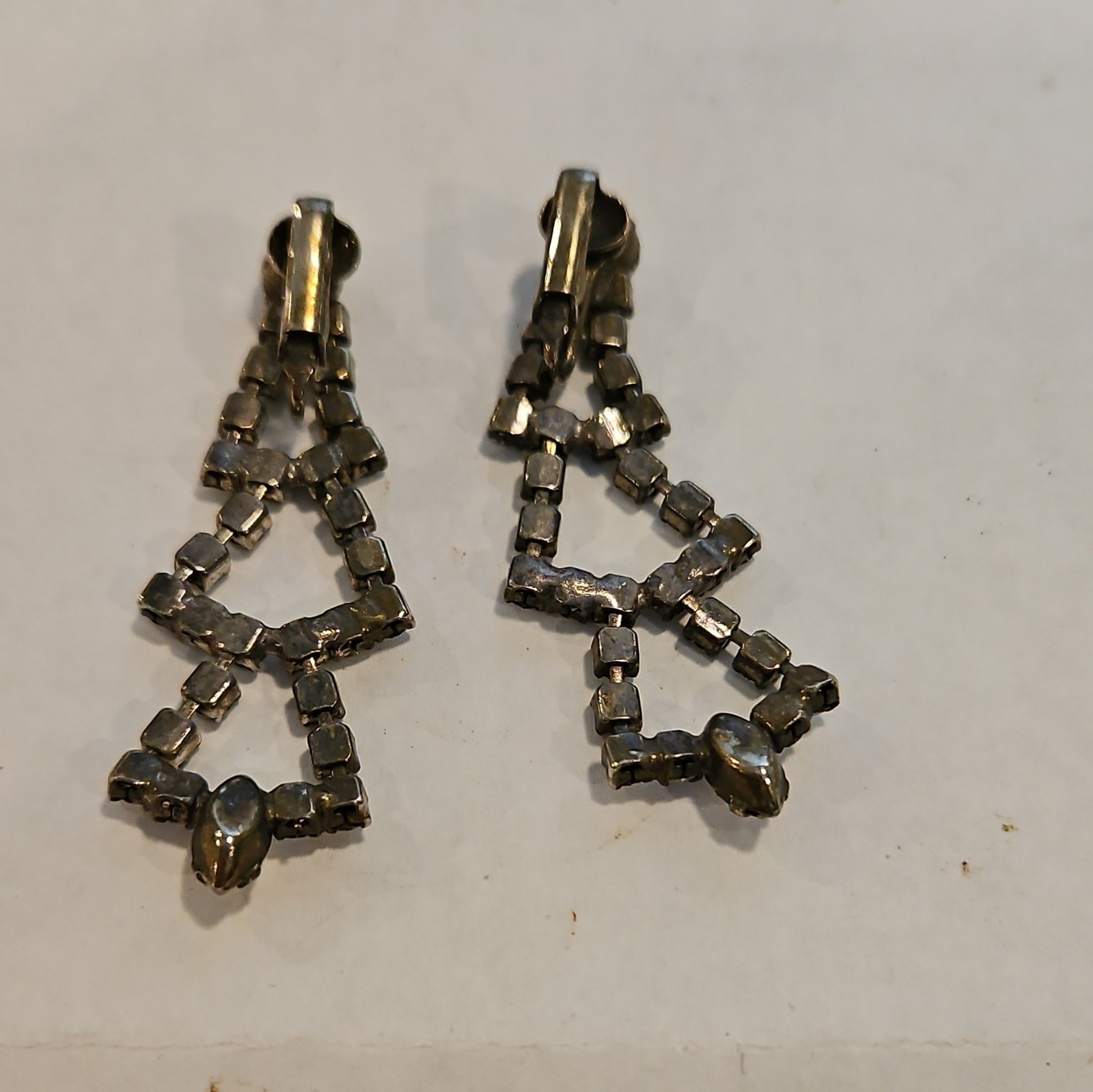Clear Rhinestone Geometric Dangle Clip-On Earrings Silver Tone Double Triangle
