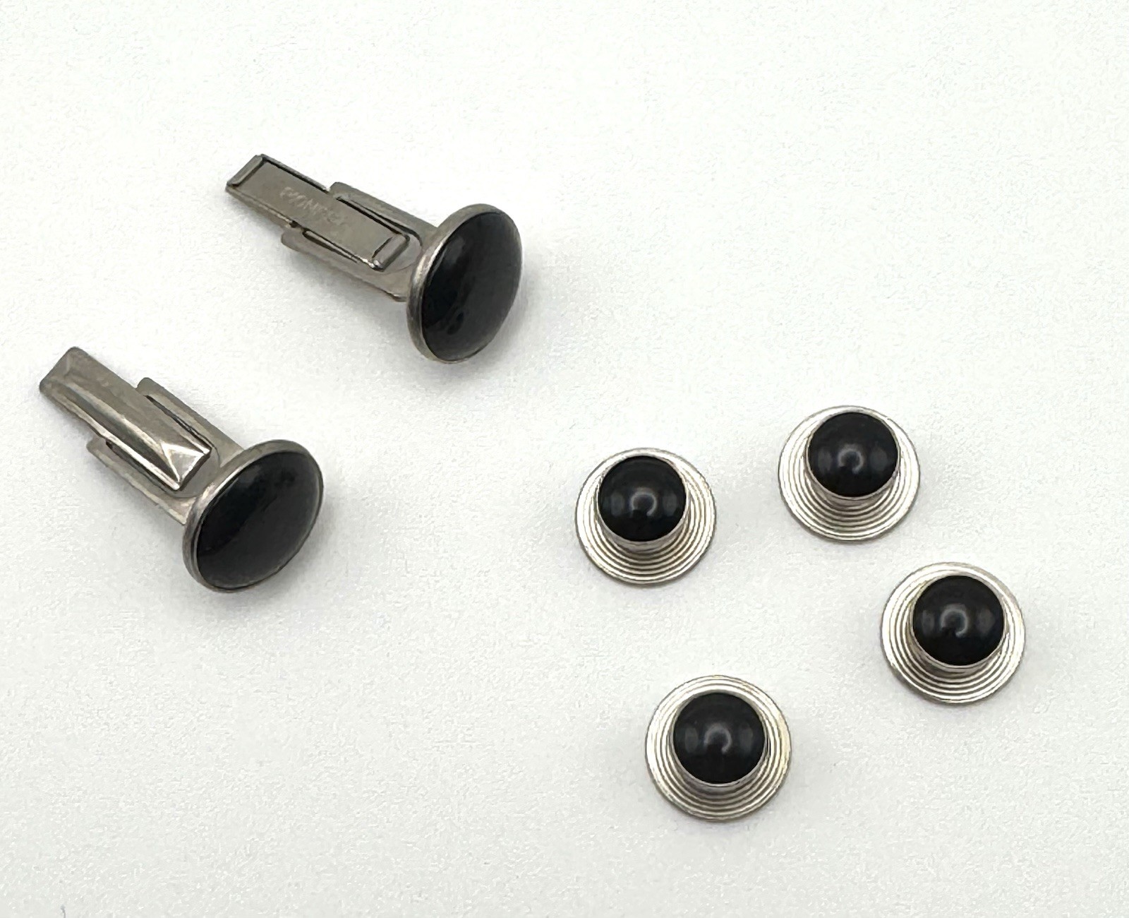 Vintage Pioneer Cufflinks and Tuxedo Studs Set Silver ToneBlack Onyx Formal