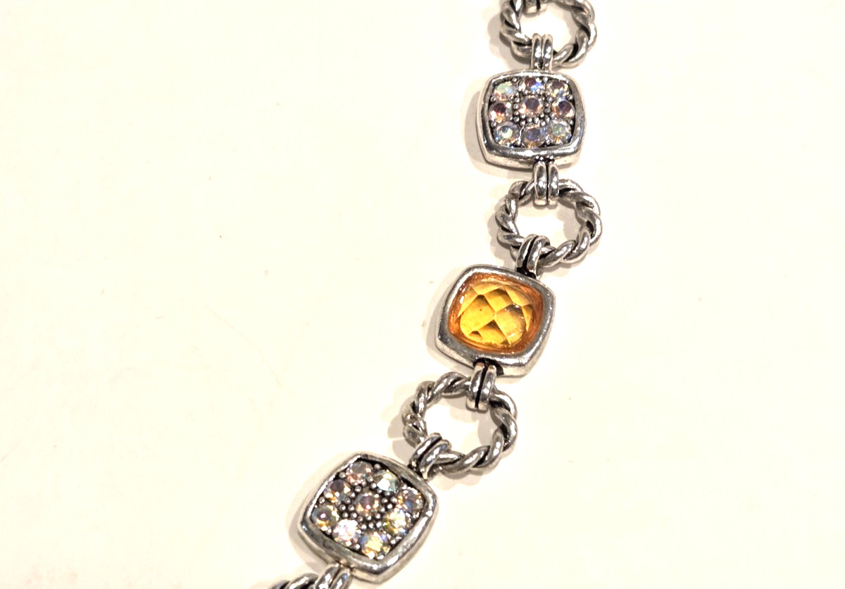 Necklace -Silver Tone Faux Citrine Yellow Orange and Glittery Links 19″