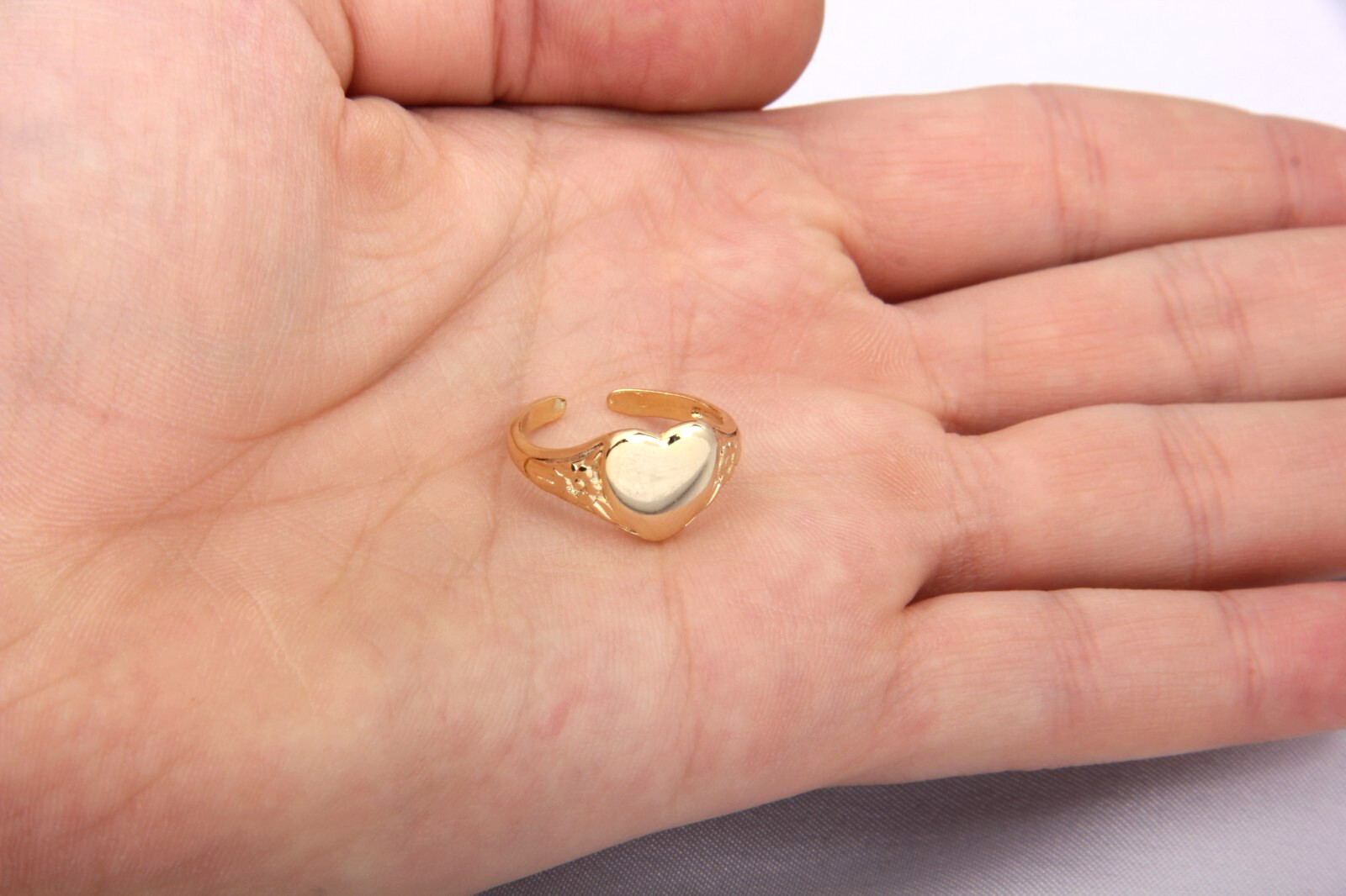 17mm 24k Shiny Gold Plated Heart Ring, Stamping Ring, Adjustable