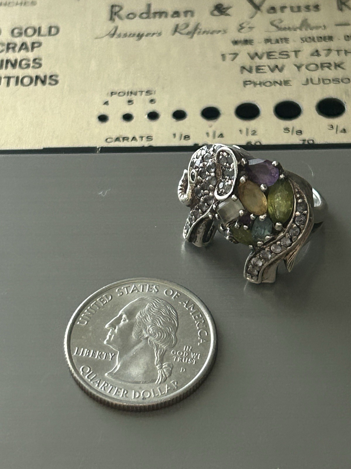 Sterling Silver Gemstone Mosaic Elephant Ring Size 4.75 8.8 Grams